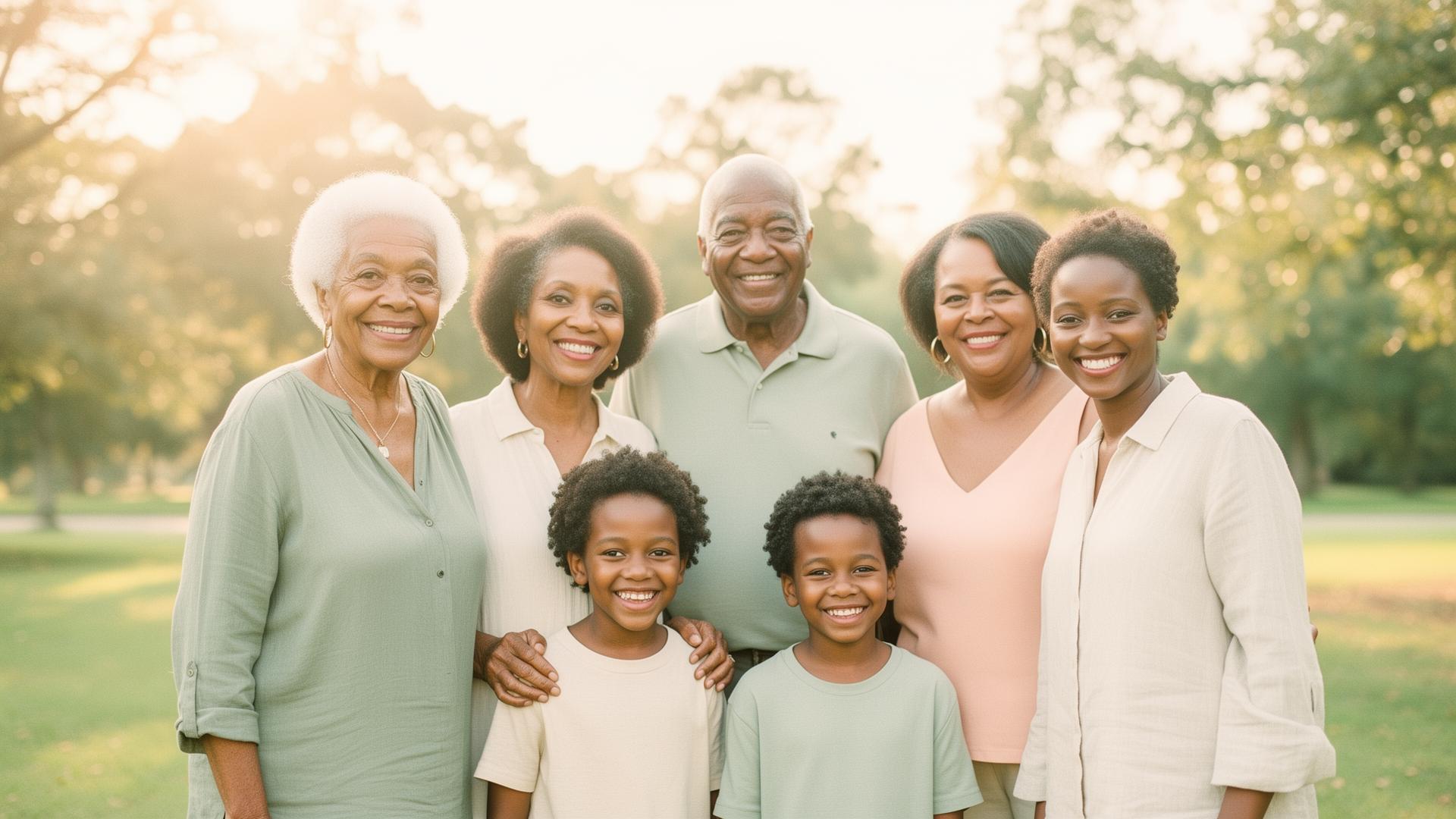 Multigenerational Black family outdoors at golden hour